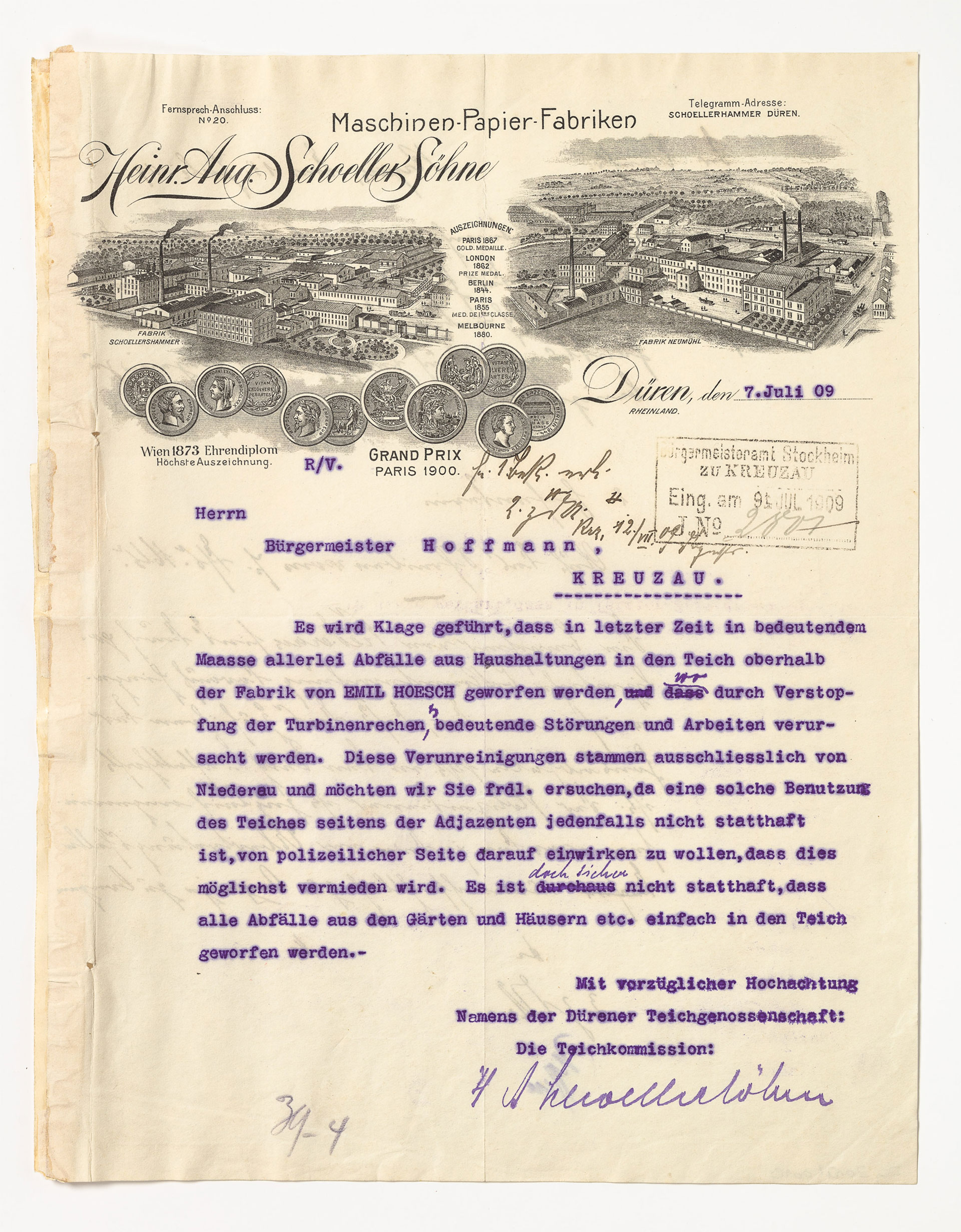 Brief der Papierfabrik Heinr. Aug. Schoeller an Bürgermeister Hoffmann 7. Juli 1909 Papier bedruckt