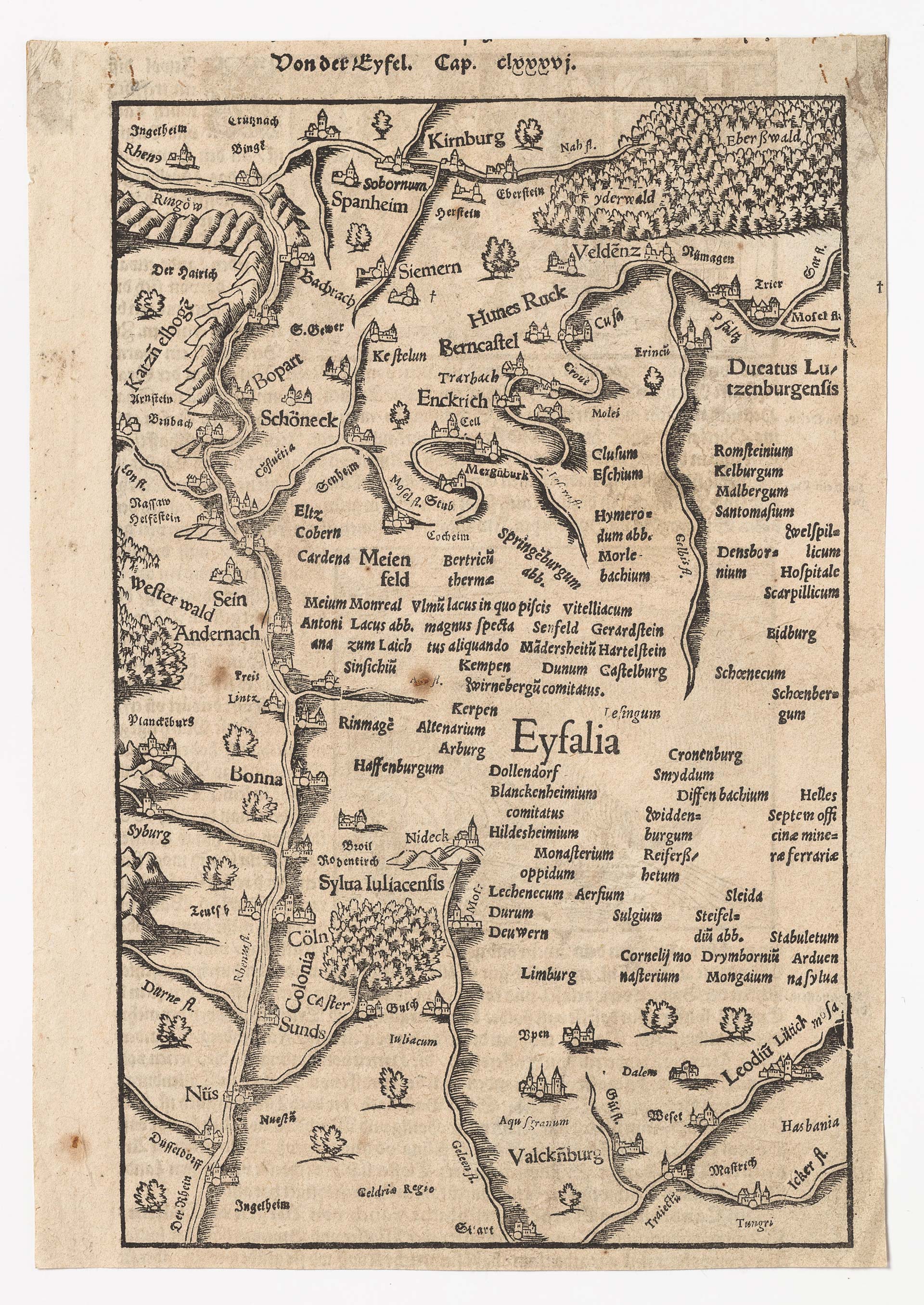 Eifelkarte aus Cosmographia  Sebastian Münster (1488-1522) Basel, 1550 (5. Ausgabe) Holzschnitt auf Büttenpapier